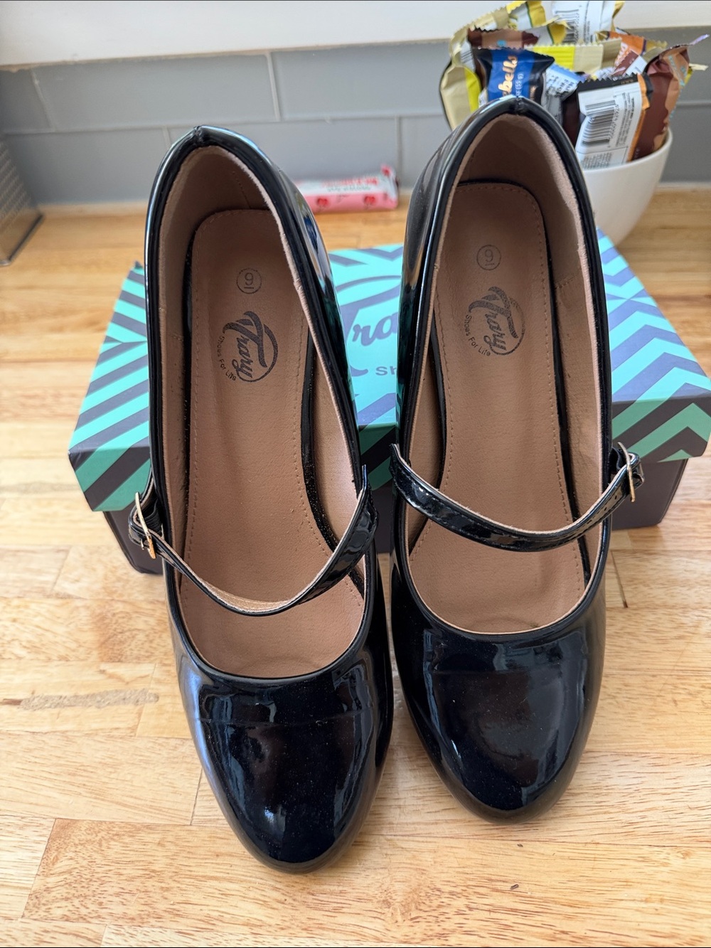 Trary Black Patent Mary Jane Heels with Strap